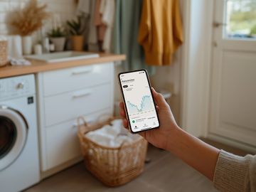 Hand hält Handy Waschküche im Hintergrund